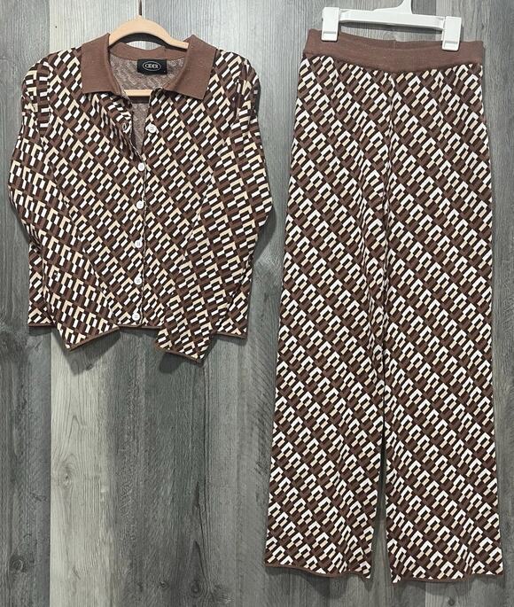 Cider Pants - Womens 2 Piece Cider Geometric Print Knitted Polo Top & Trouser Set Brown